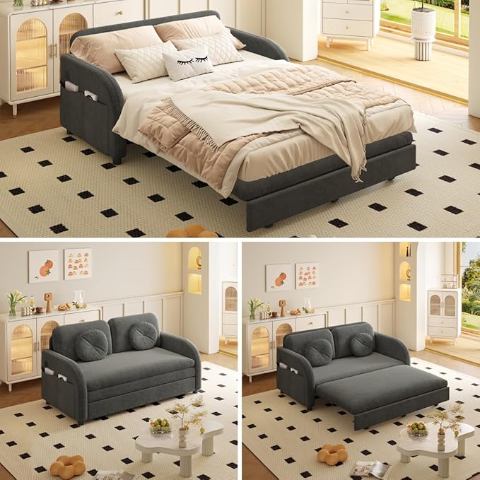 52.4'' Pull Out Couch Full-Size Futon Sofa Bed Convertible Sleeper Sofa Bed with USB Port Storage Pockets 2 Pillows Modern Chenille Loveseat Couches for Small Space Living Room Grey