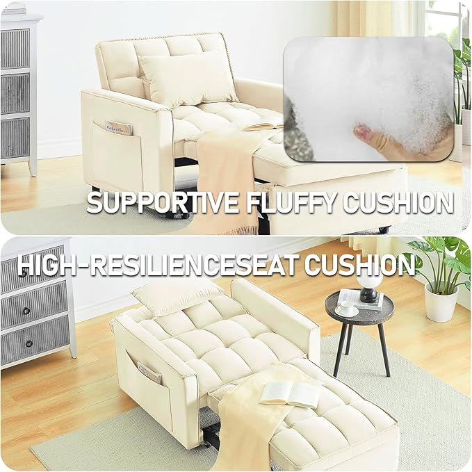 3 In 1 Velvet Convertible Sofa Bed Pull Out Couch Bed with Reclining Backrest And 2 Pillows 54 Full Size Loveseat Sleeper Sofa Futon Couch Bed Couches For Small Spaces Living Room (Cream White)