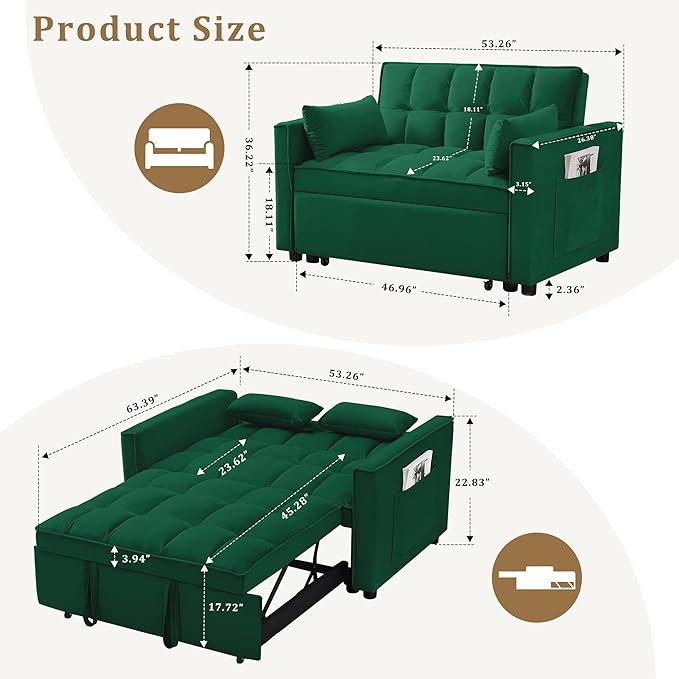 3-in-1 convertible sofa bed double sofa bed with pull-out bed side pockets and adjustable backrest suitable for living rooms apartments and offices velvet fabric recliner sofa bed. (green 53.5)