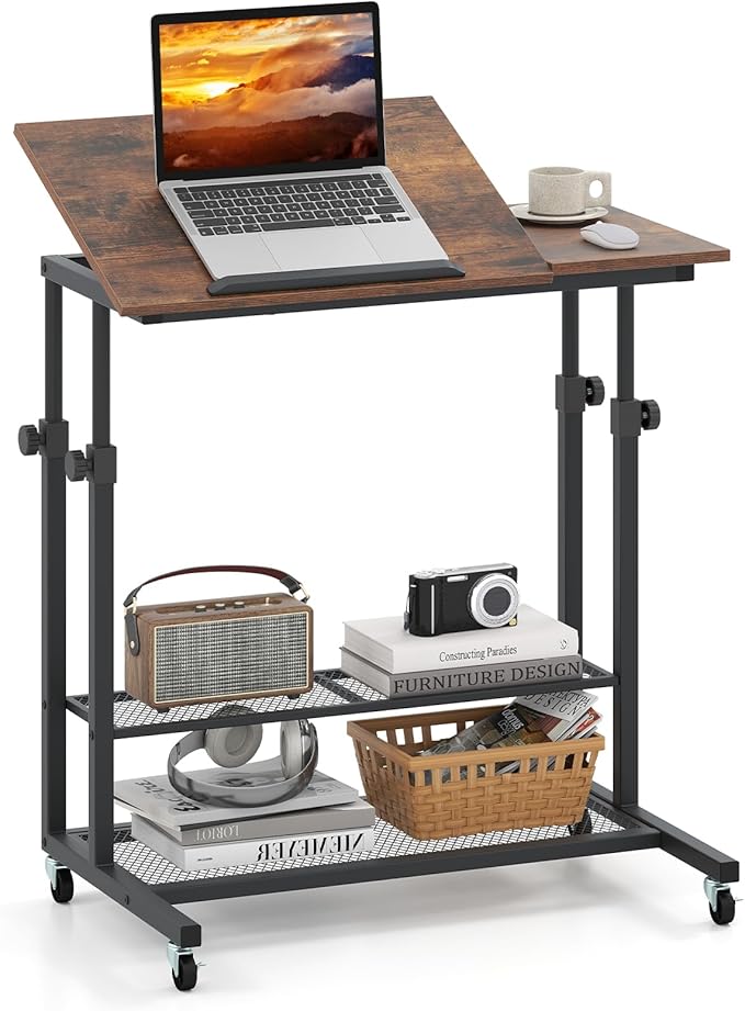 Tangkula Mobile Computer Desk Cart Height Adjustable Rolling Laptop PC Desk with Tilting Tabletop &amp Storage Shelves Small Compact Desk on Wheels for Small Space Living Room &amp Bedroom (Rusti