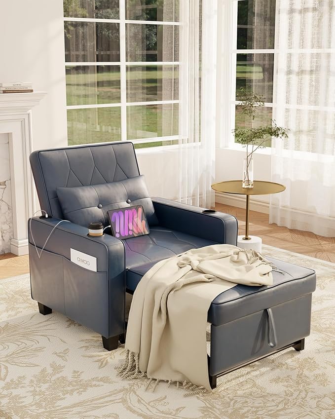 AILEEKISS 3 in 1 Convertible Sleeper Chair Bed Pull Out Leather Sofa Chair Bed with Cup HoldersUSB &amp Type C PortsSide Pockets Sleeper Single Sofa Couch for LivingroomApartmentOffice(Blue)