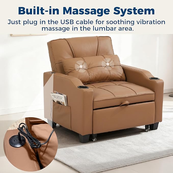 Sleeper Chair Pull Out Bed 4 in 1 Convertible Sofa Chair Bed with Vibration Massage Lumbar Pillow Single Sofa Recliner with USB/Type-C Port Cup Holders and Side Pocket for Small Spaces (Brown)