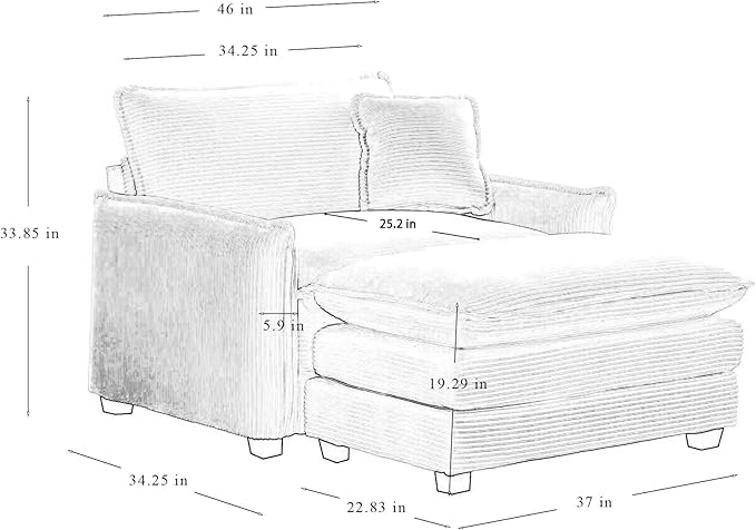 Oversized Deep Seat Single Sofa Chair 46 in Stylish Accent Couch Chair with Ottoman Footrest &amp One Throw Pillow Modern Upholstered Corduroy Fabric Comfy Armchair for Living Room Bedroom Grey