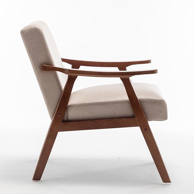 Mid-Century Modern Accent Chair with Wooden Frame High-Density Sponge Cushion 300 lbs Capacity Living Room Bedroom Office Chair 26x31.1x32.3 Inches (Fabric Light Camel)