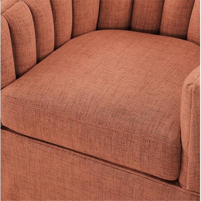 Pemberly Row Coral Polyester Fabric Skirted Swivel Accent Chair Channel-Tufted Back Flared Arms Plush Coil Spring Seat 29.25W x 30.75D x 32H Coastal Style Living Room or Relaxation Space Use