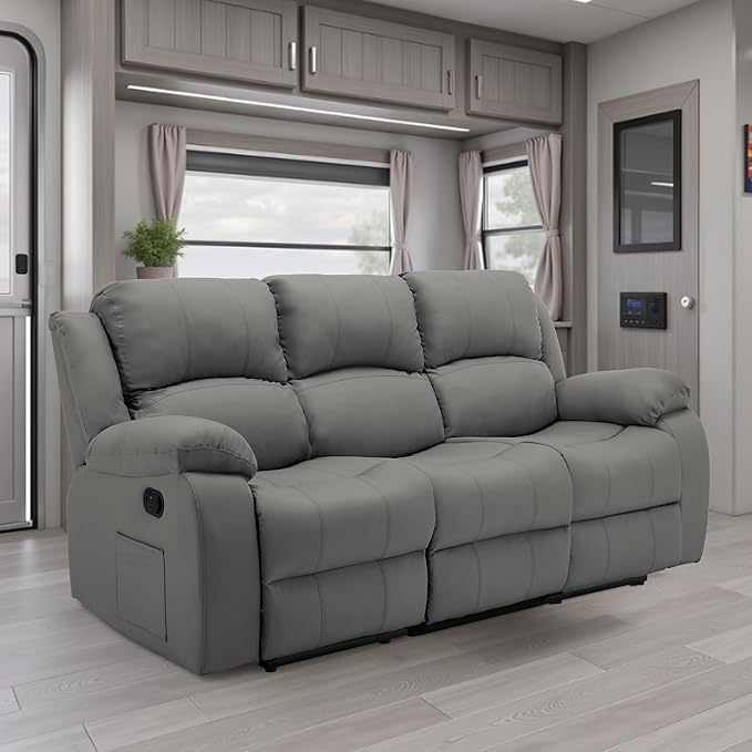 3 Seat Reclining Sofa Leather 3-Seater Manual Reclining Couch with Side Pocket Easy Assembly Reclining Loveseat Sofa for Living Room Meeting Room Bedroom Office Apartment RV