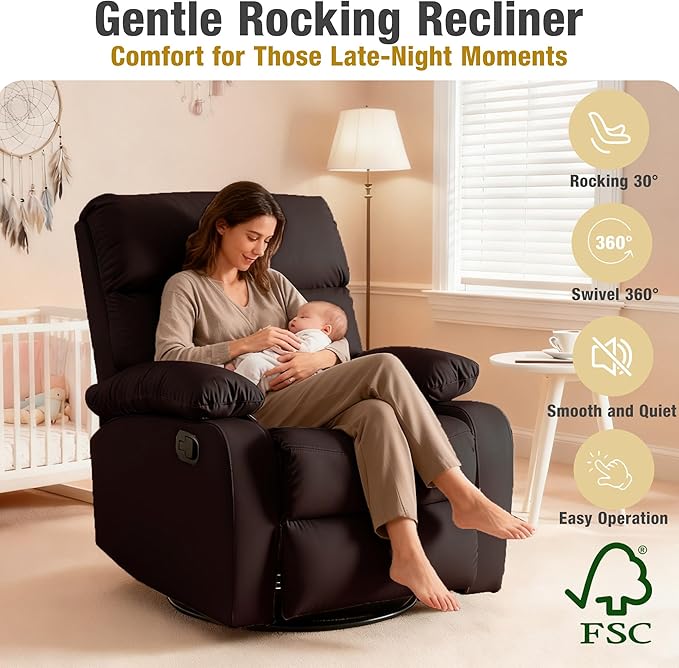 Rocking Recliner 360° Swivel Recliner Chairs for Adults Small Rocker Recliners for Small Spaces Living Room Bedroom Nursery RV Brown