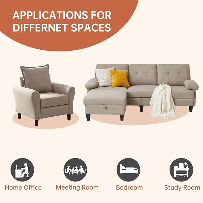 2PCS Sectional Sofa Set with OttomanModern Linen 4 Seater Couch Set with Side Pockets 3 Seat Couch and Armchair for Small Space(3+1Seat/Beige)