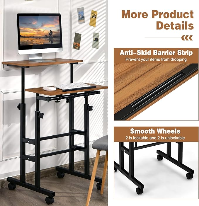 COSTWAY Mobile Standing Desk Height Adjustable Rolling Laptop Cart w/Tilting Desktop for Standing or Sitting Lockable Casters Home Office Computer Workstation for Small Spaces (Brown)