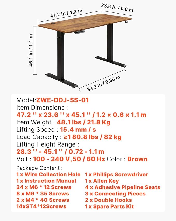 VEVOR Height Adjustable Desk 47.2 x 23.6 in Support 180 lbs Electric Standing Desk with 3 Memory Presets Sturdy Dual Metal Frame Versatile Computer Sit Stand up Desks Suitable for Home Office