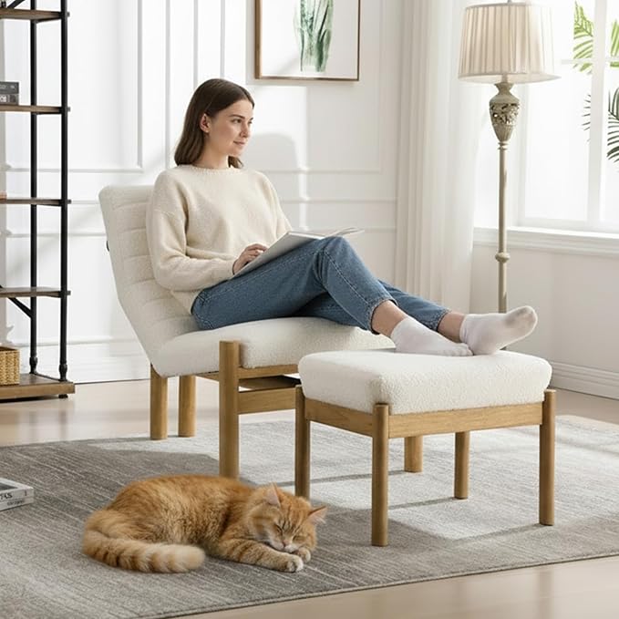 Accent Chair with Ottoman Living Room Chair White Sherpa Upholstered Lounge Chair with Footrest Set Modern Chair Cozy Reclining Chair for Reading Room Bedroom White