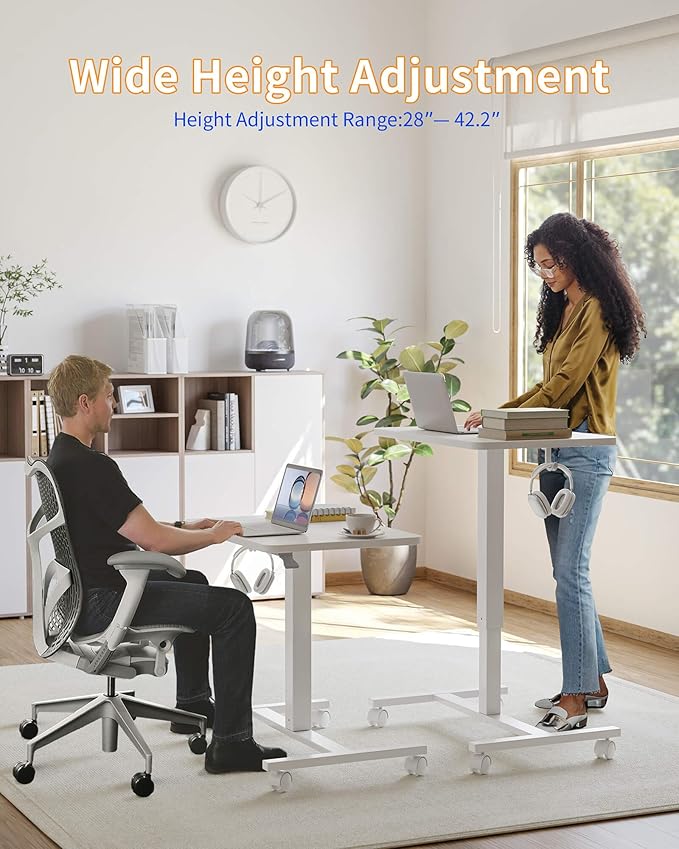 YIHAYO Mobile Small Standing Desk 24 x 16 Inches Adjustable Height Portable Rolling Laptop Desk with Lockable Wheels Computer Workstation for Home Office with Hook White