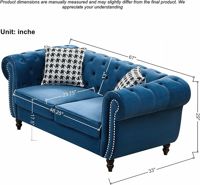 Loveseat Velvet Fabric Two- Seater Couch Buckle Design and Rivet Decoration Deep Seated Double Sofa Suitable for Living Room Bedroom Apartment Hotel etc (blue-01)