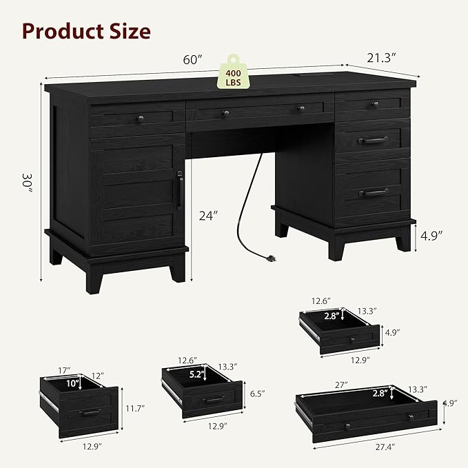 60 Traditional Home Office Desk with Power Outlets Wooden Executive Desk with File Cabinet and Drawers Farmhouse Wood Work Desk for Work Study Writing Black