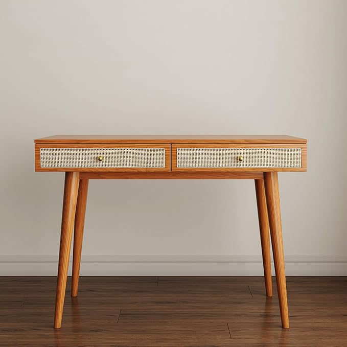 Mid-Century Modern Solid Wood Desk with Drawers – 45 inch Small Boho Rattan Writing Desk for Home Office Minimalist Design Natural Wood Legs Table for Workspace Elegance