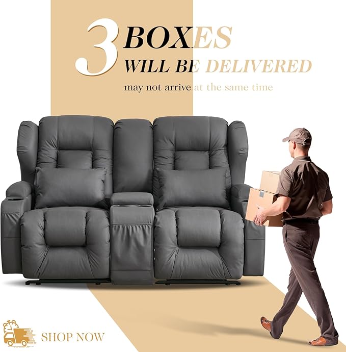 Loveseat Recliner SofaRV Wall Hugger Recliners for Small SpacesReclining Loveseat Sofa Recliner with Cup Holders/Lumbar PillowsRV Furniture (Gray Loveseat with Console)