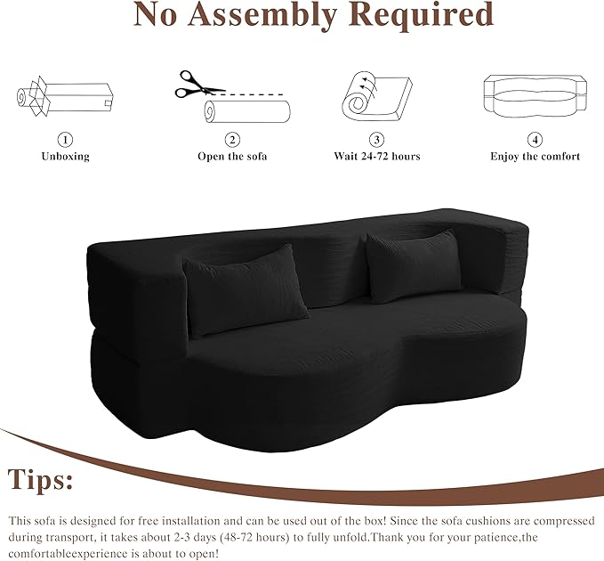 Convertible Sofa Bed 78'' Queen Size Folding Sleeper Sofa with Pillow 2-in-1 Teddy Fabric Boneless Loveseat Floor Couch &amp Mattress for Living Room Guest Room No Assembly Required (Black)