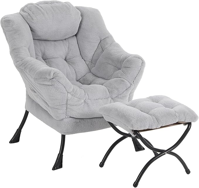 Lazy Chair with Ottoman Modern Accent Chair with Armrests and a Side Pocket Plush Grey Accent Chairs Reading Chairs Oversized Armchairs for Bedroom Study Living Room Courtyard