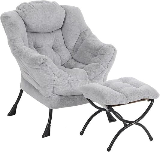 Lazy Chair with Ottoman Modern Accent Chair with Armrests and a Side Pocket Plush Grey Accent Chairs Reading Chairs Oversized Armchairs for Bedroom Study Living Room Courtyard