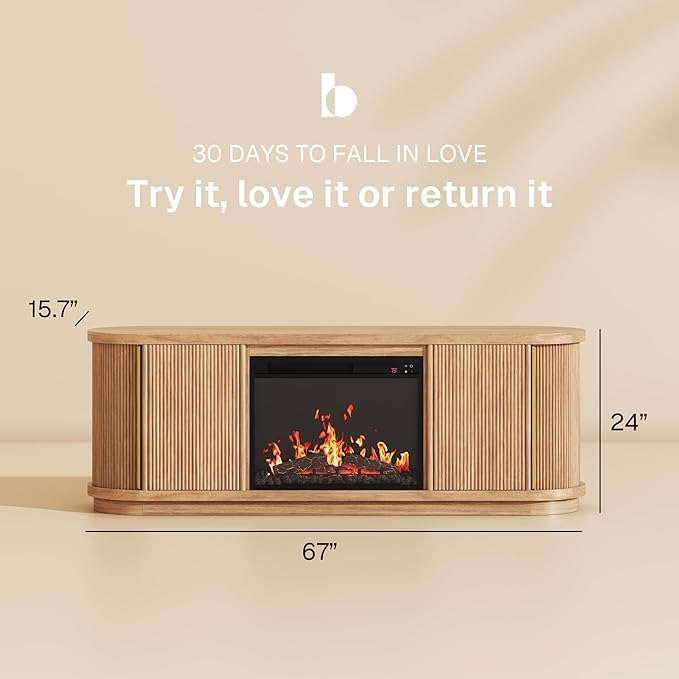 BELLEZE 67 Fluted TV Stand with Electric Fireplace Heater w/Sound Curved Entertainment Center with Sliding Tambour Doors Media Console Table for TV up to 75 for Living Room (Camel)