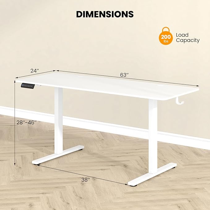 Tangkula 63 Inch Height Adjustable Electric Standing Desk Extra Large Sit Stand Desk with 3 Memory Height Settings Anti-Collision System 2 Hanging Hooks &amp Wire Holes Rising Desk for Home Offic