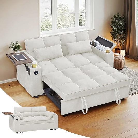 3 in 1 Sofa Bed 65 Inches Convertible Loveseat Sleeper with Side Table Pull Out Couch with 3 Level Adjustable Backrest Chaise Lounge with USB and Type-C Ports for Living Room White