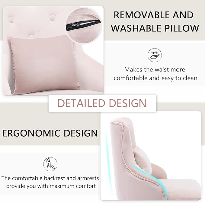 Velvet Vanity Dining Chairs Set of 4 Upholstered Makeup Accent Reading Chair Office Desk Vanity Stool Chairs with Metal Legs for Kitchen Bedroom Living Room Pink