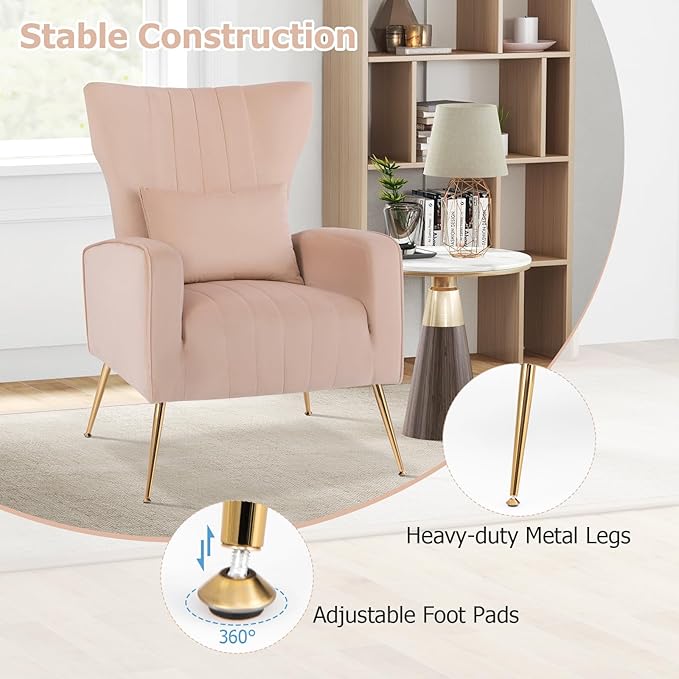 Giantex Velvet Accent Chair with Lumbar Pillow Upholstered Tufted Wingback Arm Chair w/Golden Metal Legs Mid Century Modern Single Sofa Chair for Living Room Bedroom Max Load 400 LBS Pink