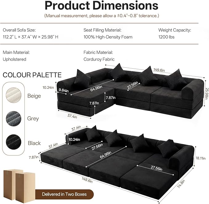 112.2 Modular Sectional Sofa 4-Seater All-Foam Boneless Cloud Couch Corduroy Foldable Convertible Sofa Bed Futon Sleeper Floor Sofa for Living Room No Assembly Required Black