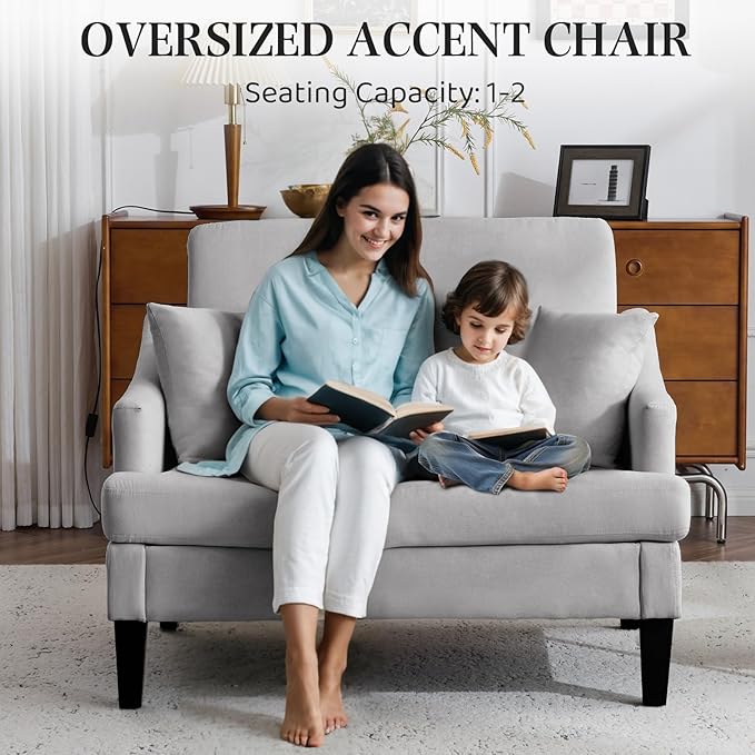 Bezseller Oversized Accent Chair 33.5'' Wide Accent Chairs with 2 Pillows for Living Room &amp Bedroom Modern Reading Chair Upholstered Single Sofa Chair Comfy Living Room Chair Grey