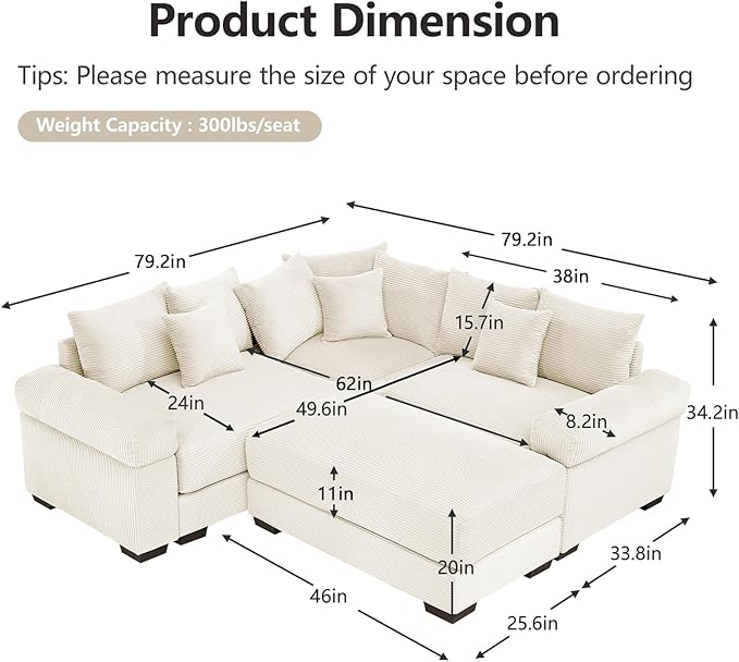 79.2 Oversized Modular Sectional Sofa Corduroy Large Sectional Couches for Living Room Love Seat Couches with 1 Movable Ottoman Modern Deep Seat Sofa Set with Chaise White