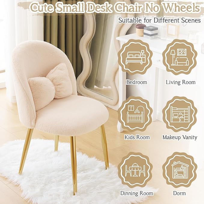 VINGLI Boucle Girls Vanity Chair with Back &amp PillowCute Small Cozy Desk Chair No WheelsComfy Makeup Ch with Ajustable Gold Legsfor BedroomLiving RoomSmall SpaceKhaki