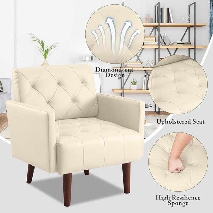 Modern Accent PU Chair Living Room Chair Upholstered Single Sofa with 4 Sturdy Legs Contemporary Reading Chair for Living Room Reading Room Bedroom (Cream)