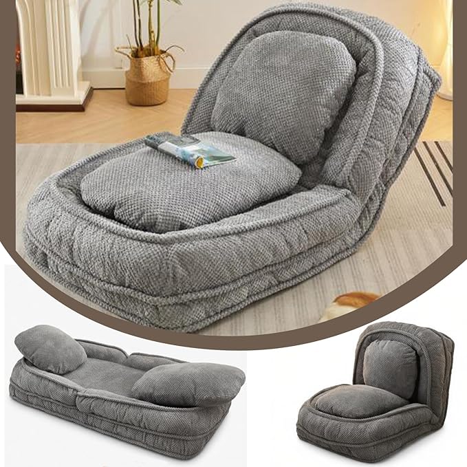 Foldable Lazy Sofa Bed Floor Chair Upholstered Human Dog Bed with 5 Adjustable Position Comfy Tatami Lounge Chair with 2 Pillows Lazy Sofa for Bedroom Living Room Reading (Gray 1)