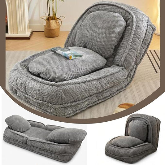 Foldable Lazy Sofa Bed Floor Chair Upholstered Human Dog Bed with 5 Adjustable Position Comfy Tatami Lounge Chair with 2 Pillows Lazy Sofa for Bedroom Living Room Reading (Gray 1)