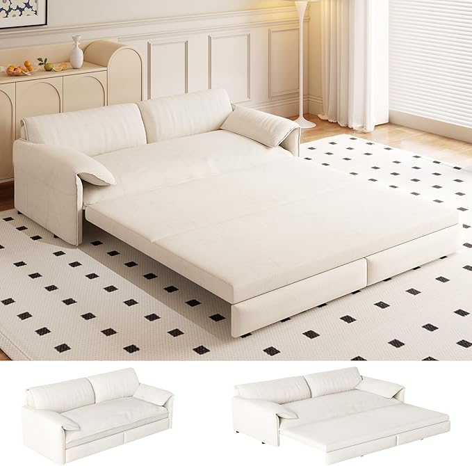 Newfun 66 Futon Sofa Bed 3 in 1 Convertible Sleeper Sofa with Side Storage Velvet Loveseat Bed Pull Out Sofa Bed for Living Room Small Space Bedroom Studio (Beige)
