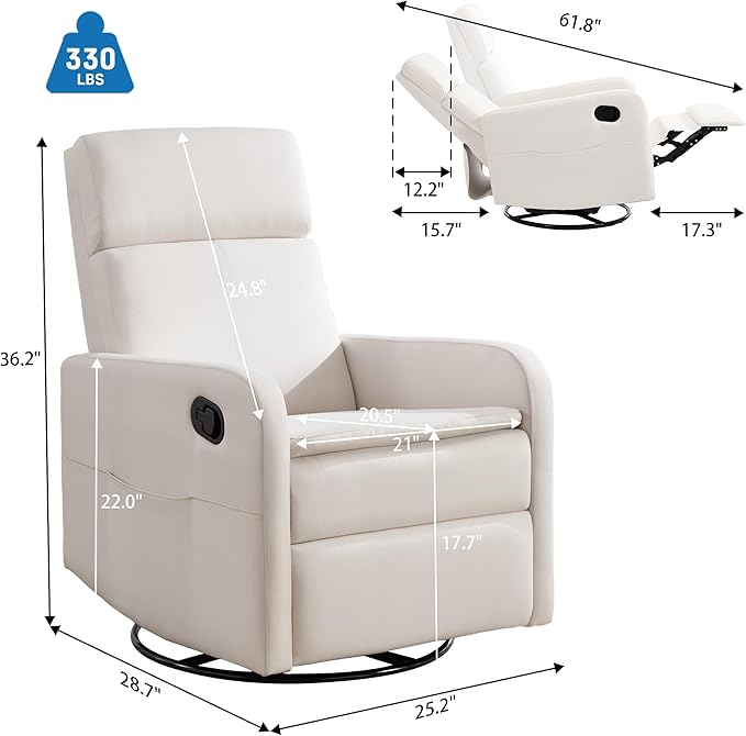 Swivel Rocking Recliner Chair for Adults Upholstered Fabric Glider Recliner Reclining Chair with Side Pockets and Double-Thick Cushion for Living Room Bedroom Nursery (Beige)
