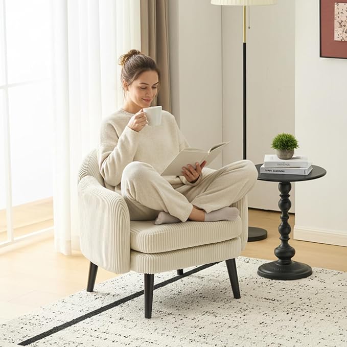 VINGLI 30.3 Wide Modern Barrel Accent Armchair with Track Armrest Solid Wooden Legs Comfy Upholstered Club Chair Round Single Home Sofa for Living Room Bedroom Reading Room Corduroy Beige
