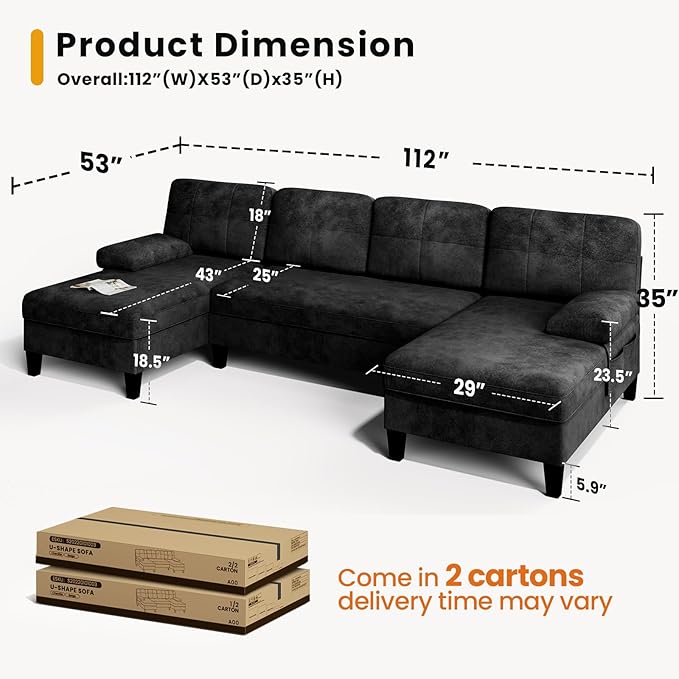 KKL Sectional Sofa Couch for Living Room U Shaped Couch with Storage Home Sofas with Chaise Modern Comfy Couches for Apartment Living Room Furniture Chenille (Black U Shape)