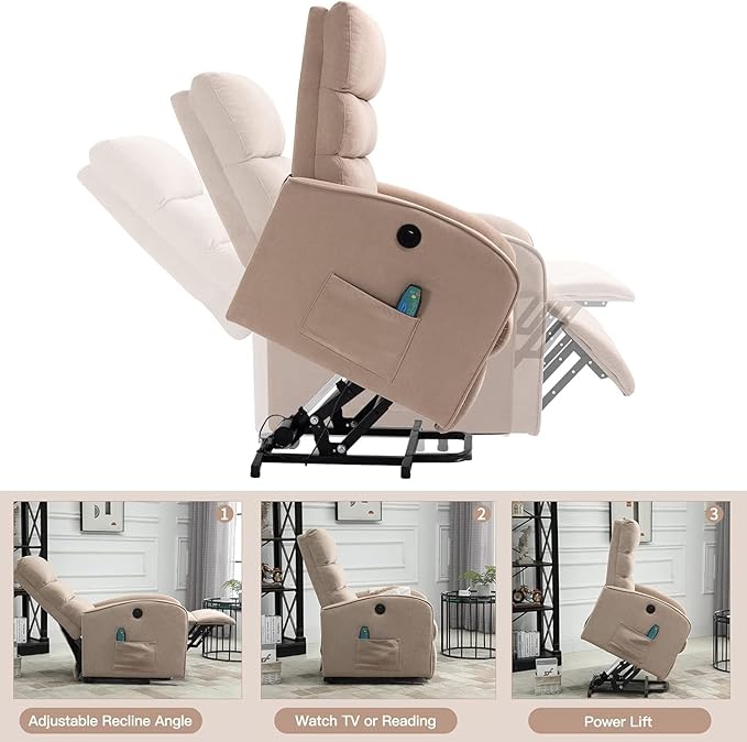 AVAWING Power Lift Chair with Heat and Massage for Elderly Fabric Electric Recliner Chair with Remote Control Side Pocket and USB Port for Living Room &amp Bedroom Khaki