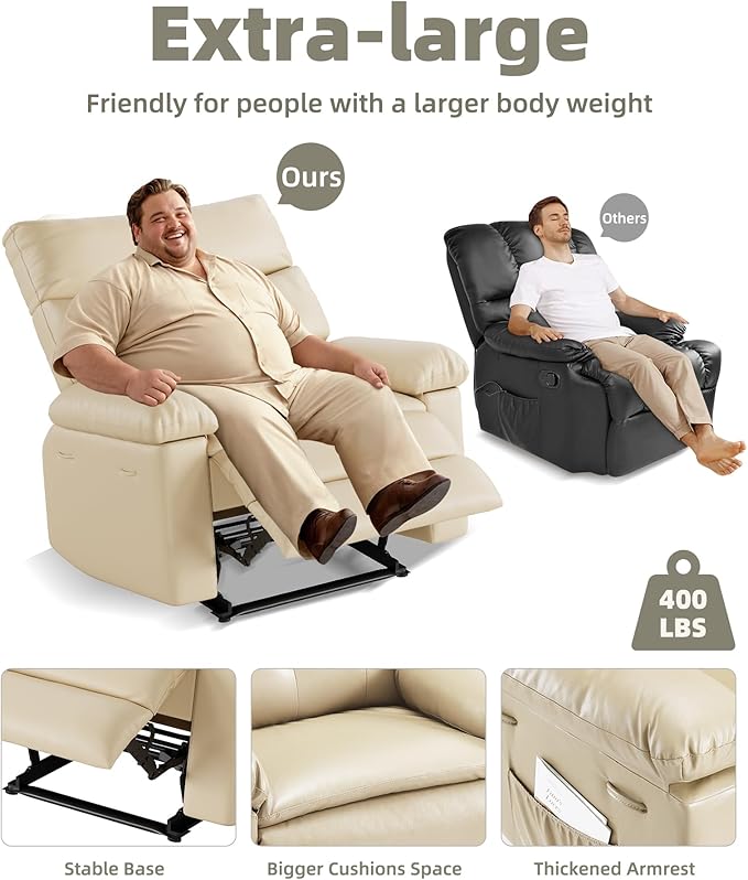 Garvee Oversized Recliner Chair Large Manual Recliner for Adults Lazy Chair PU Leather 1.5X Sponge Filling with Massage &amp Heat - Beige