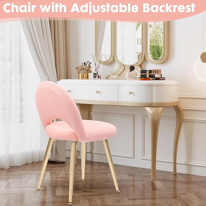 Vanity Chair with Adjustable Backrest Boucle Upholstery Armless Makeup Stool Gray Sherpa Vanity Stool with Gold Metal Legs for Bedroom Living Room Kitchen Dinning Room (Pink)