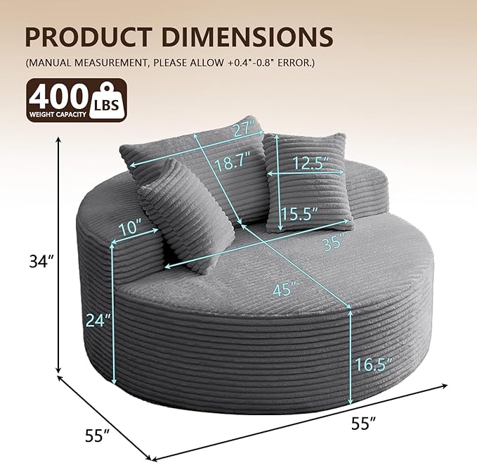 55'' Oversized Round Chair Lounge Chaise Indoor Cloud Boneless Large Circle Chair with Plush Corduroy No Assembly Required Fluffy Modern Sleeper Sofa Bed for ReadingLiving RoomBedroom(Dark Grey)
