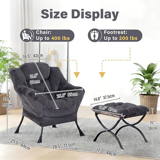 Plush Lazy Chair and Ottoman Large Dark Grey Contemporary Accent Chair with Side Pocket Modern Leisure Upholstered Reading Armchair with Footrest for Office Bedroom Living Room Balcony