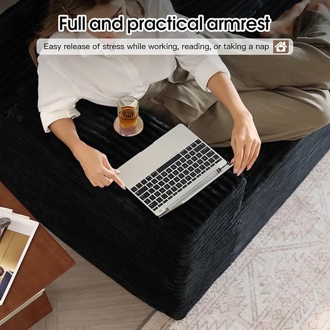 107.5 L-Shaped Sectional Modern Boneless Corduroy Couch with Chaise-No Assembly Required! Deep-Seat Upholstered Modular Cloud Sofa for Living Room Plush Corduroy Fabric (BlackRight Facing Chaise)