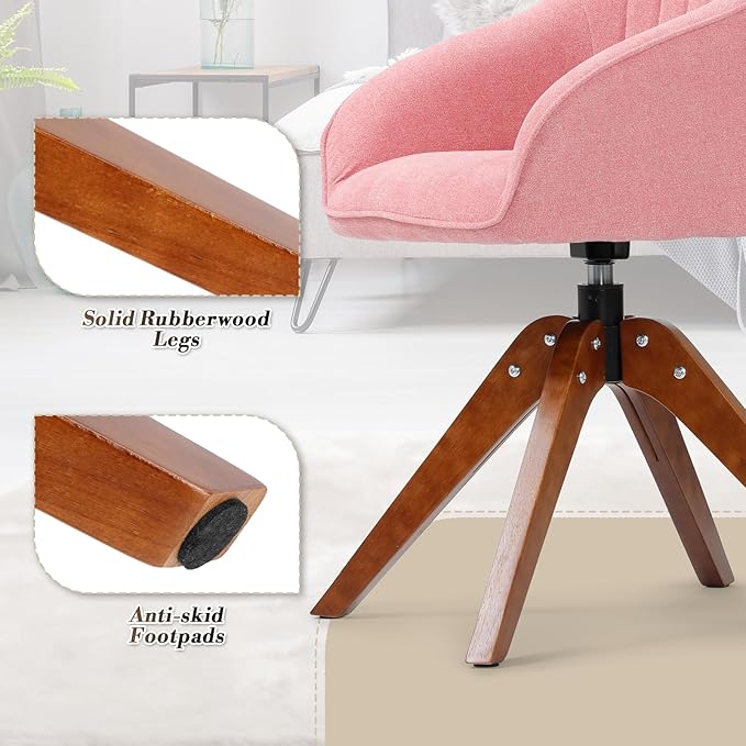 Athena Collection Swivel Modern Accent Chair Linen Upholstered Armchair Office Desk Chair No Wheels with Wooden Legs Comfy Vanity Chair Reading Chair for Bedroom Living Room Office Pink