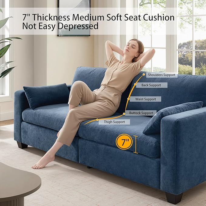 Modern Loveseat Sofa for Living Room Removable Cover Spring Cushions Solid Wood Frame Wide Armrest Chenille Fabric Recliner Couches for Small Space (Blue Chenille 81 inch)