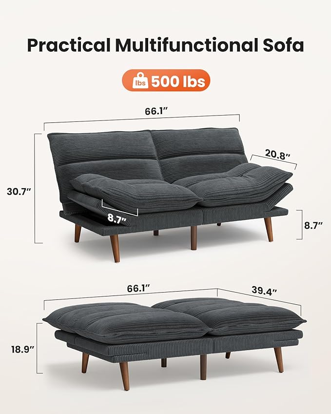 Amada Convertible Futon Sofa Bed - Corduroy Loveseat with Adjustable Backrest &amp Armrests Thickened Seat Cushion Small Space Sleeper Couch for Apartment Study Room &amp Office（Charcoal Gray66