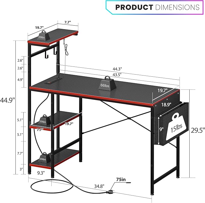 HomGarden Gaming Desk with Power Outlets and LED Lights 44 Inch Computer Desk with Monitor Stand and Reversible Shelves for Home Office Bedroom Black