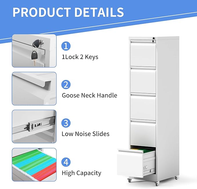 5 Drawer File Cabinet with Wheels Metal Mobile Filing Cabinets with Lock Vertical File Cabinet for Home Office Rolling Storage Cabinet for A4/Letter/Legal Size File Assembly Required White